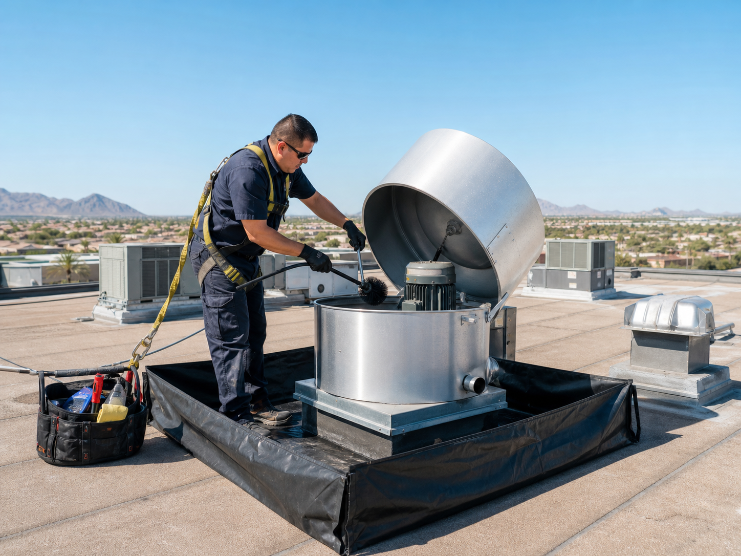 Technician servicing a rooftop commercial kitchen exhaust fan